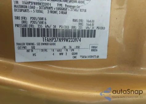 2009 Ford Focus Sel z USA, uszkodzony, nr VIN 1FAHP37N99W233974